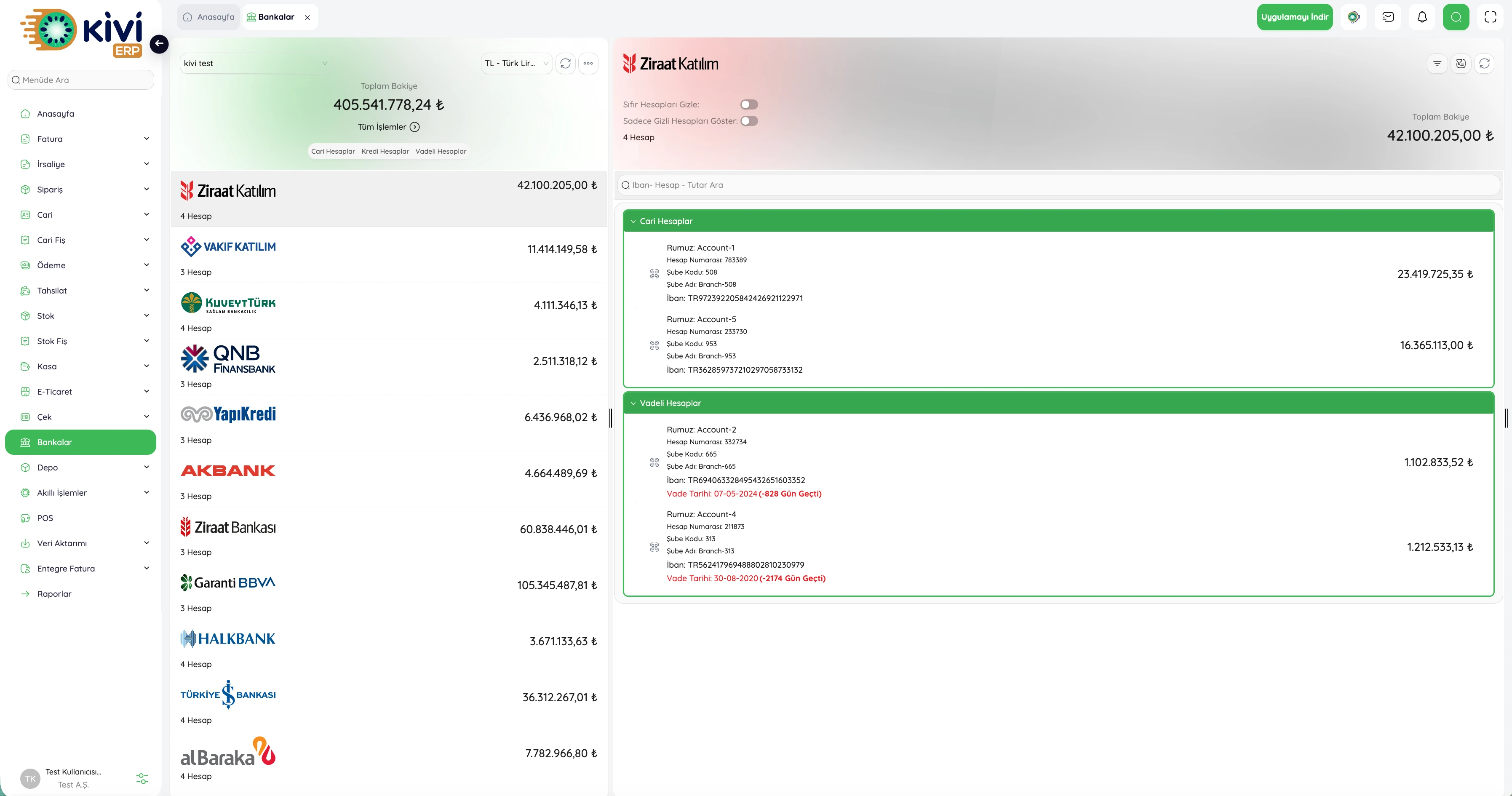 KiviERP web uygulaması — banka hesapları ekranı